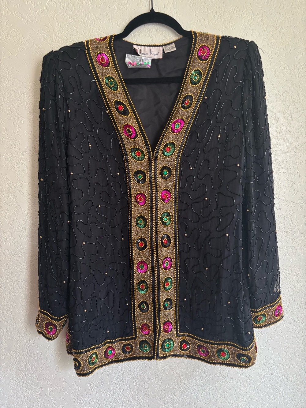 Vtg Lawrence Kazar New York Silk Sequin Beaded Evening Jacket Top Black Gold M